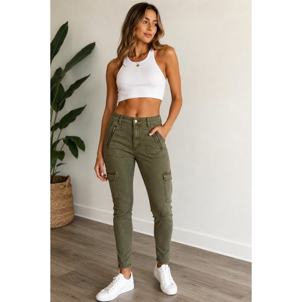 Level 99 Olive Green Cargo Skinny Jeans Zip Pocket Utility Pants Size 28